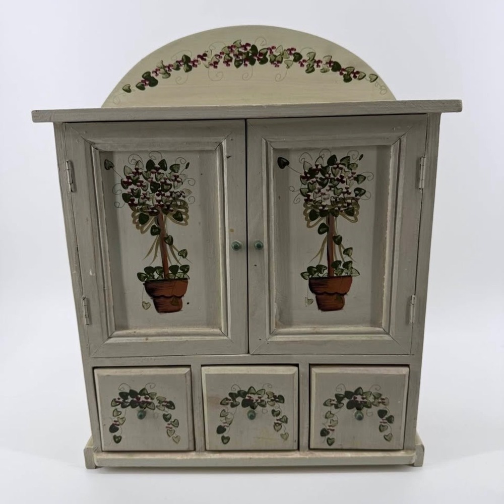 Jewelry Cabinet Hand Painted Wood Sage Green Floral Folk Art